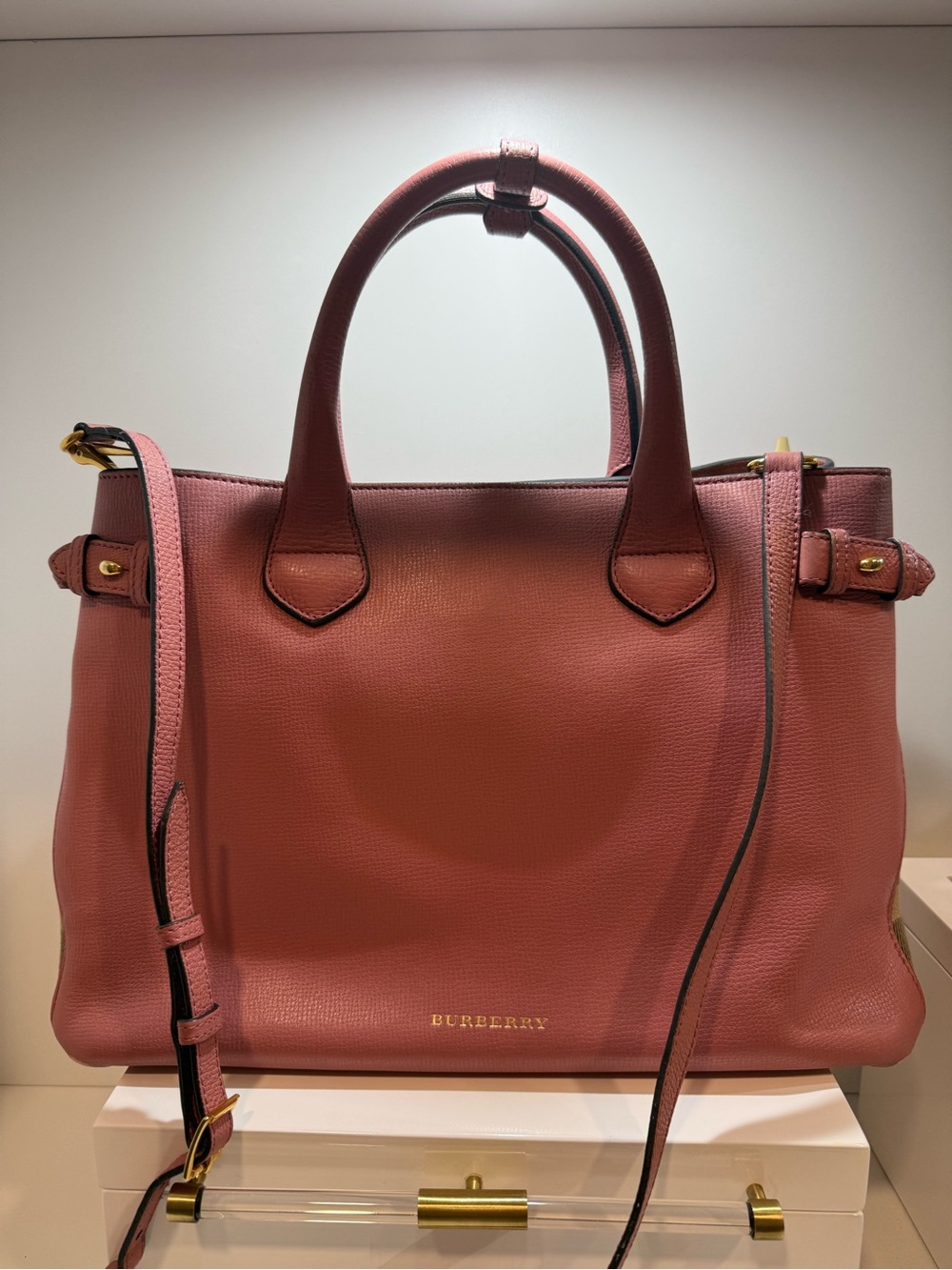 Burberry Rose-Pink Leather Satchel with Gold Hardware and House check pattern